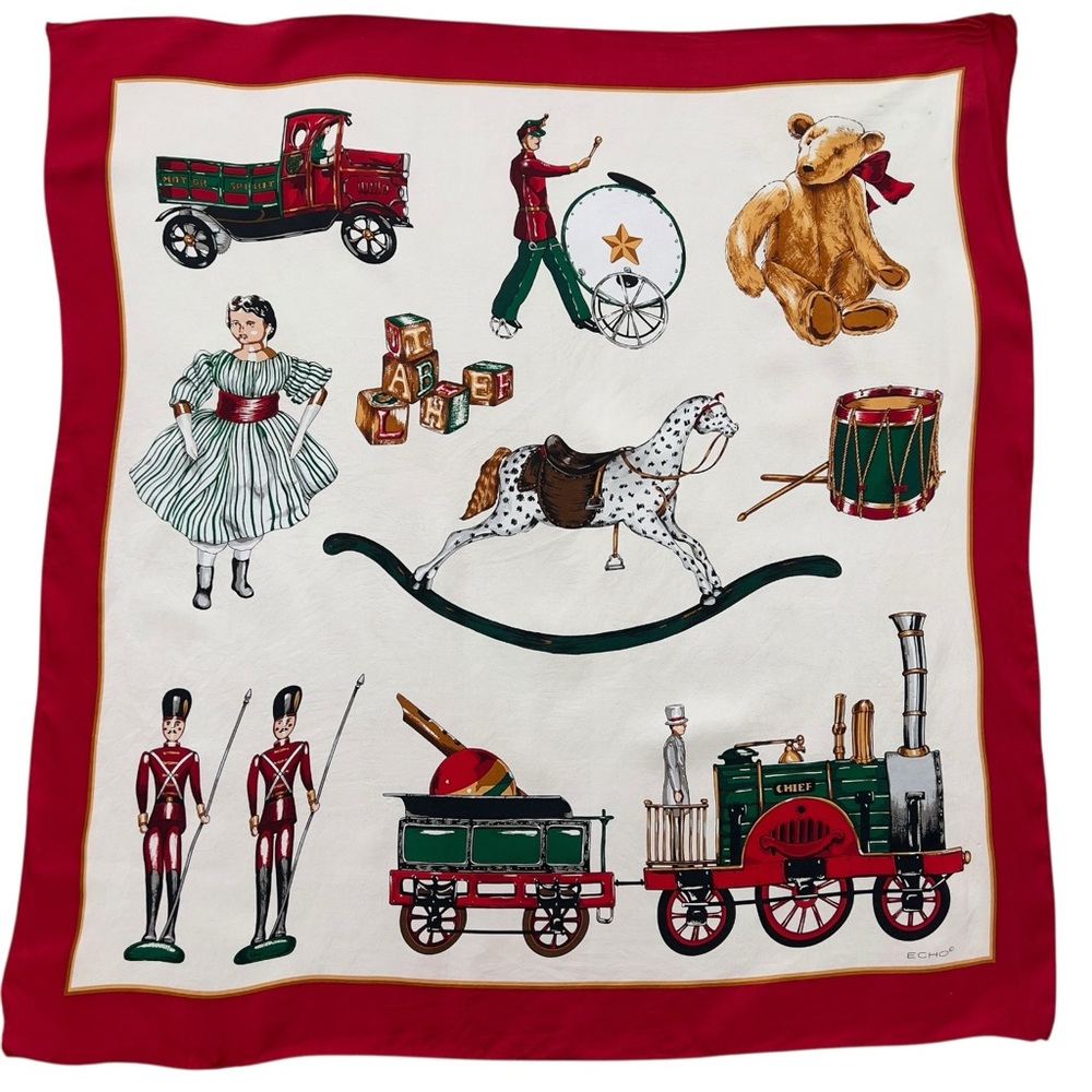 Vintage Echo Silk Scarf Christmas Toys Train Teddy Bear Rocking Horse Red Border - Picture 3 of 13